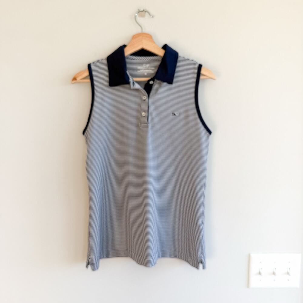 Vineyard Vines Performance Sleeveless Striped Polo Shirt Top Navy White M